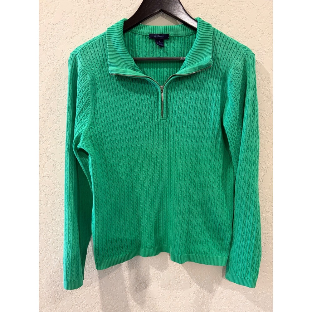 Westbound Green Cable Knit Quarter Zip Sweater Womens Large Mock Neck Pullover